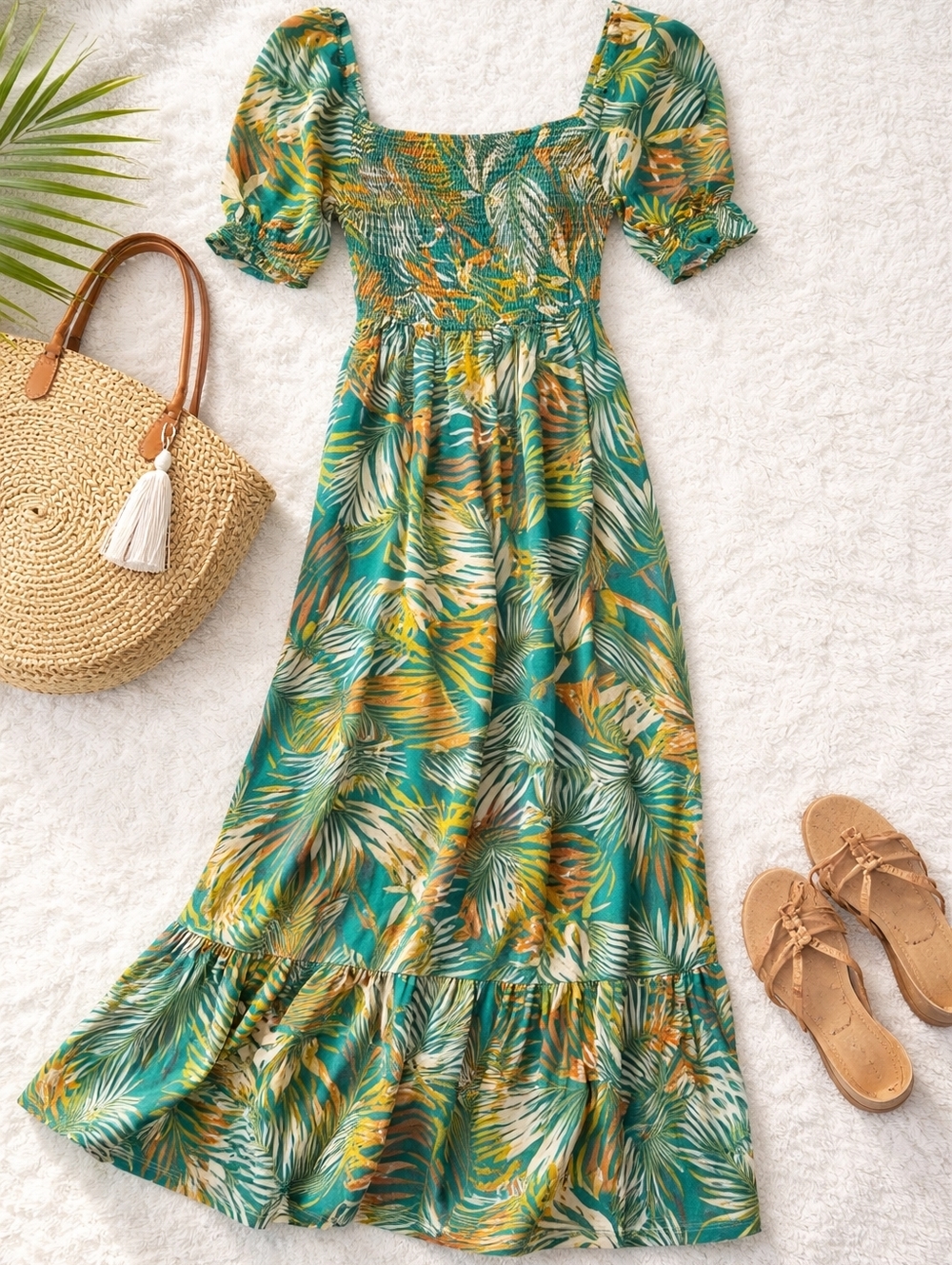 Betsey Johnson Tropical Palm Print Maxi Dress Smocked Green Small